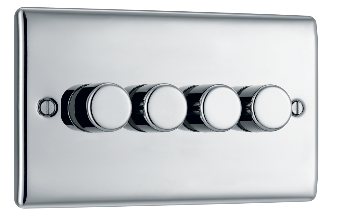 NPC84 Front - This trailing edge quadruple dimmer switch from British General allows you to control your light levels and set the mood. The intelligent electronic circuit monitors the connected load and provides a soft-start with protection against thermal.