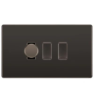 BG Screwless Black Nickel 3 Gang Light Switch Grid – 1x Trailing-Edge LED Dimmer, 1x Intermediate, 1x 2-Way Switch by British General (BG-SCRL-BN-3G-1x-Dimmer-1x-INT-1x-2Way)