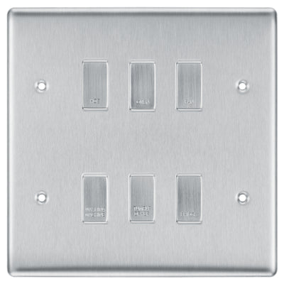 BG Brushed Steel 6 Gang Engraved Custom Labelled Appliance Grid Switch by British General (BG-BRUSHED-STEEL-CUSTOM-6GANG-SWITCH)