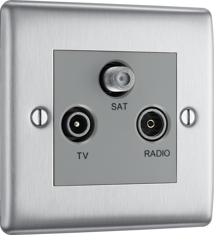 NBS67 Front - This screened Triplex socket from British General has an outlet for TV FM and satellite, with each outlet clearly labelled for ease of identification.