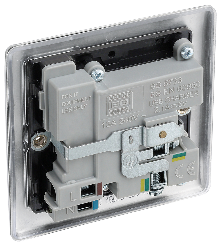 NBS21U2B Back - This 13A single power socket from British General comes with two USB charging ports allowing you to plug in an electrical device and charge mobile devices simultaneously without having to sacrifice a power socket.