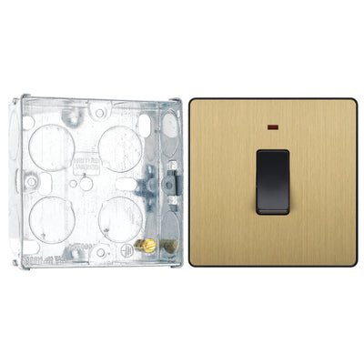 BG Evolve Satin Brass 20A Double Pole Switch with Neon PCDSB31B with 25mm Steel Back Box