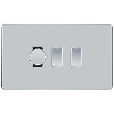 BG Polished Chrome Screwless Flat Plate 3 Gang Light Switch 1x Trailing Edge LED Dimmer 2x 2 Way Custom Switch by British General (SCREWLESS-PC-3G-CUSTOM-1x-DIMMER-2x-2Way)