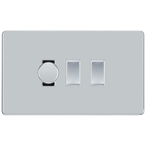 BG Polished Chrome Screwless Flat Plate 3 Gang Light Switch 1x Trailing Edge LED Dimmer 2x 2 Way Custom Switch