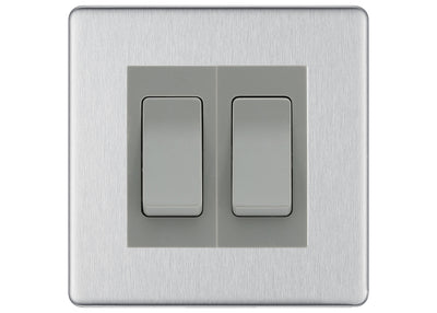 BG Brushed Steel 2 Gang Intermediate Light Switch Custom Grid – Grey Insert by British General (BG-SCRL-BS-2G-Combo-2x INT-GR)