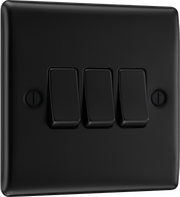 BG NFB43 Nexus Metal Matt Black 3 Gang 20A 16AX 2 Way Plate Switch by British General (BG-NFB43-Shopify-SA_1)