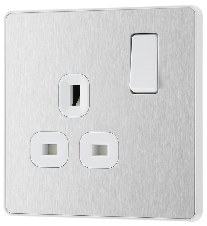 PCDBS21W Front - This Evolve Brushed Steel 13A single switched socket from British General has been designed with angled in line colour coded terminals and backed out captive screws for ease of installation, and fits a 25mm back box making it an ideal retro-fit replacement for existing sockets.