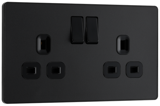PCDMB22B Front - This Evolve Matt Black 13A double switched socket from British General has been designed with angled in line colour coded terminals and backed out captive screws for ease of installation, and fits a 25mm back box making it an ideal retro-fit replacement for existing sockets.