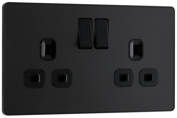 PCDMB22B Front - This Evolve Matt Black 13A double switched socket from British General has been designed with angled in line colour coded terminals and backed out captive screws for ease of installation, and fits a 25mm back box making it an ideal retro-fit replacement for existing sockets.