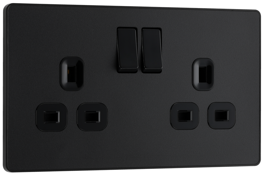 PCDMB22B Front - This Evolve Matt Black 13A double switched socket from British General has been designed with angled in line colour coded terminals and backed out captive screws for ease of installation, and fits a 25mm back box making it an ideal retro-fit replacement for existing sockets.