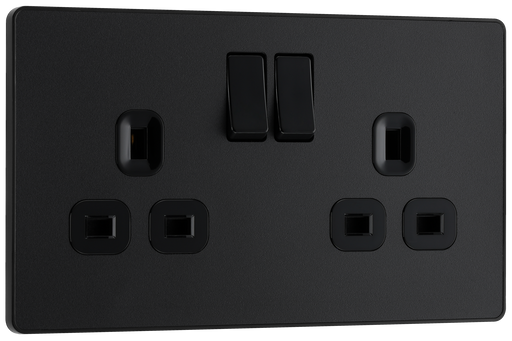PCDMB22B Front - This Evolve Matt Black 13A double switched socket from British General has been designed with angled in line colour coded terminals and backed out captive screws for ease of installation, and fits a 25mm back box making it an ideal retro-fit replacement for existing sockets.