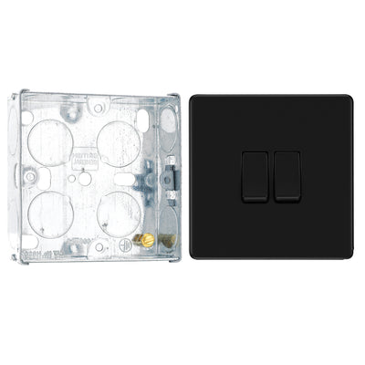 BG Screwless Matt Black 20A 16AX 2 Way Double Light Switch FFB42 with 25mm Steel Back Box