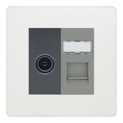 BG Evolve Pearlescent White TV Aerial & RJ45 CAT6 Data Socket - Grey Insert