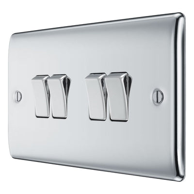 BG Nexus Polished Chrome 4 Gang 20A 16AX 2 Way Light Switch NPC44 with 35mm Steel Back Box