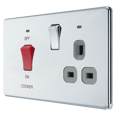 BG Screwless Polished Chrome 45A 2 Pole Cooker Neon Socket Switch FPC70G with 25mm Steel Back Box