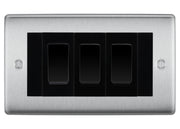 BG Nexus Brushed Steel 3 Gang 20AX 2-Way Switch Custom Grid - Black Insert by British General (BG-Nexus-BS-3G-Combo-3x 2WAY-BL)