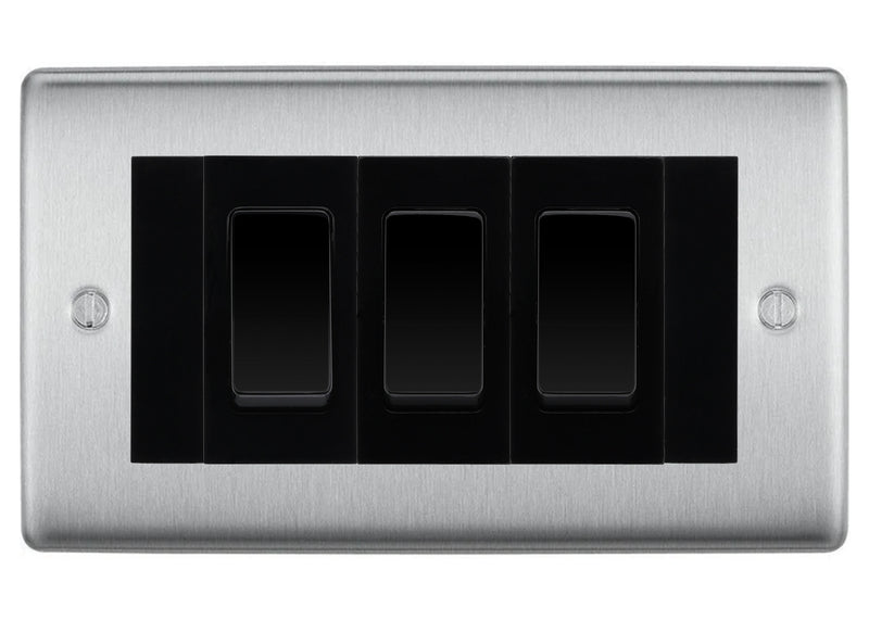 BG Nexus Brushed Steel 3 Gang 20AX 2-Way Switch Custom Grid - Black Insert
