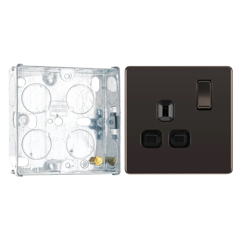 BG Screwless Black Nickel 13A Single Socket FBN21B with 25mm Steel Back Box