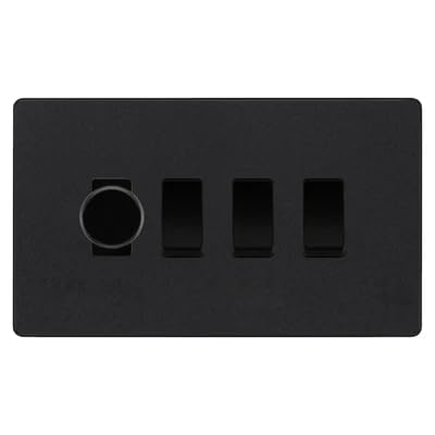 BG Evolve Matt Black 4 Gang Switch 1x Trailing Edge LED Dimmer 3x Intermediate Custom Grid Switch by British General (BG-Evolve-MB-4G-CUSTOM-1x-Dimmer-3x-INT)