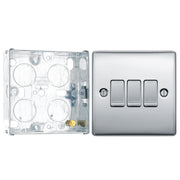 BG Nexus Metal Polished Chrome 20A 16AX 2 Way Triple Light Switch NPC43 with 25mm Steel Back Box by British General (BG-NPC43+HGS02)