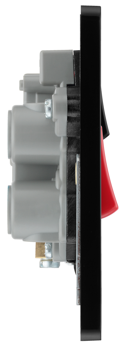 PCDCP70B Side - This Evolve Polished Copper 45A cooker control unit from British General includes a 13A socket for an additional appliance outlet, and has flush LED indicators above the socket and switch.