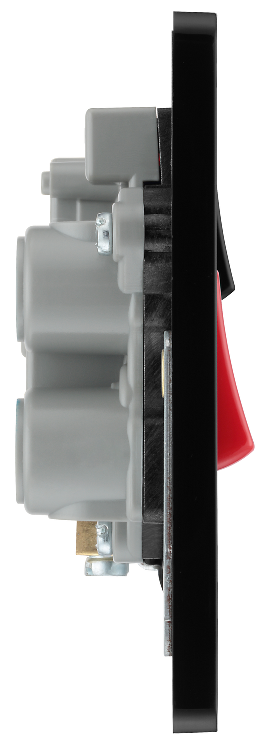 PCDCP70B Side - This Evolve Polished Copper 45A cooker control unit from British General includes a 13A socket for an additional appliance outlet, and has flush LED indicators above the socket and switch.