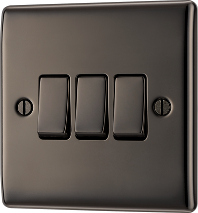 BG NBN43 Nexus Metal Black Nickel 3 Gang 10A 10AX 2 Way Plate Switch