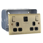Antique Brass 13A 1x USB-A 1x USB-C Double Switched & Surface Pattress Back Box by British General (BG-NAB22UAC22B+MC502)