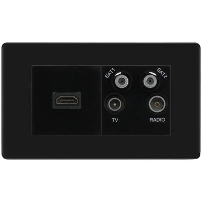 BG Screwless Matt Black 4G Faceplate with HDMI + TV/FM/SAT Module - Black by British General (BG-FFBEMR4-HDMI-TVFM2B)