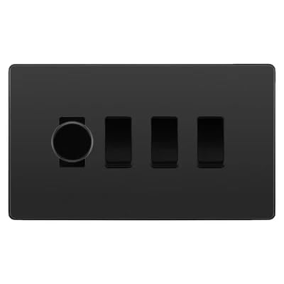BG Evolve Black Chrome 4 Gang Switch 1x Trailing Edge LED Dimmer 3x Intermediate Custom Grid Switch by British General (BG-Evolve-BC-4G-CUSTOM-1x-Dimmer-3x-INT)