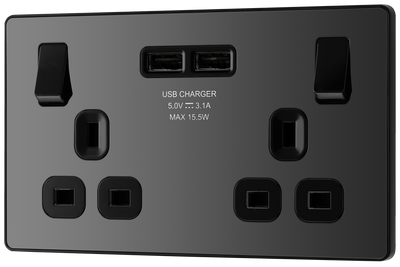 PCDBC22U3B Front -  This Evolve Black Chrome 13A double power socket from British General comes with two USB charging ports, allowing you to plug in an electrical device and charge mobile devices simultaneously without having to sacrifice a power socket.