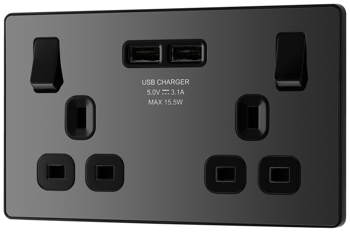 PCDBC22U3B Front -  This Evolve Black Chrome 13A double power socket from British General comes with two USB charging ports, allowing you to plug in an electrical device and charge mobile devices simultaneously without having to sacrifice a power socket.