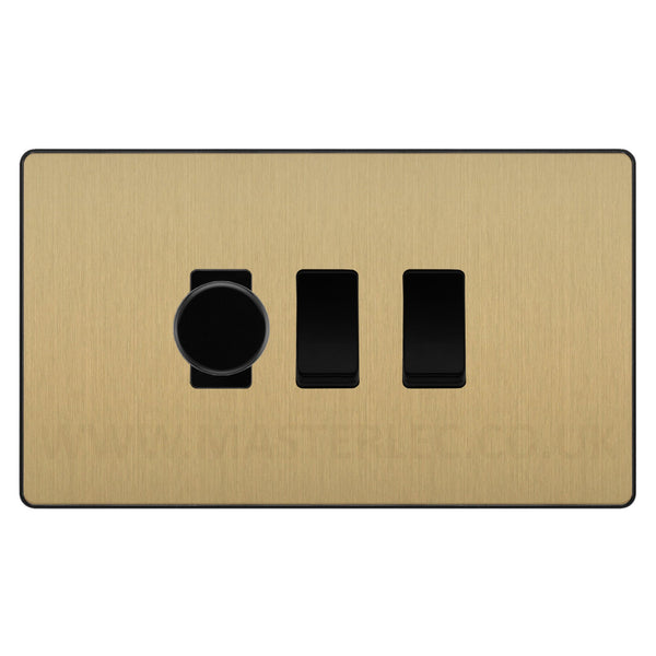 BG Evolve Satin Brass 3 Gang Light Switch 1x Trailing Edge LED Dimmer 2x 2 Way Custom Switch