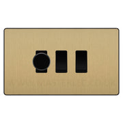 BG Evolve Satin Brass 3 Gang Switch 1x Trailing Edge LED Dimmer 2x Intermediate Custom Grid Switch by British General (BG-Evolve-SB-3G-CUSTOM-1x-Dimmer-2x-INT)