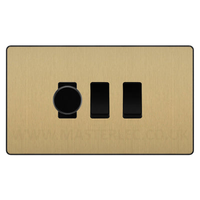 BG Evolve Satin Brass 3 Gang Light Switch 1x Trailing Edge LED Dimmer 2x 2 Way Custom Switch by British General (Evolve-SB-CUSTOM-3GANG-1x-DIMMER-2x-2WAY)