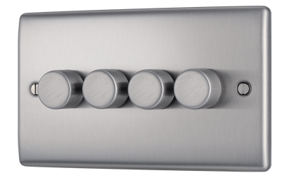 BG NBS84 Nexus Metal Brushed Steel 4 Gang 200W 2 Way Trailing Edge Push Type Dimmer Switch