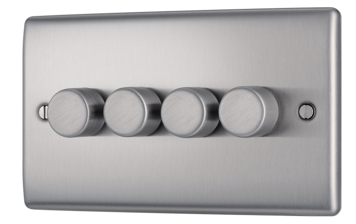 NBS84 Front -This trailing edge quadruple dimmer switch from British General allows you to control your light levels and set the mood. The intelligent electronic circuit monitors the connected load and provides a soft-start with protection against thermal, current and voltage overload.