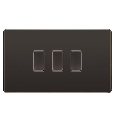 BG Black Nickel Screwless 3 Gang Switch 2x Intermediate 1x 2 Way Custom Grid by British General (BG-SCL-BN-3G-CUSTOM-2xINT-1x2WAY-SP)