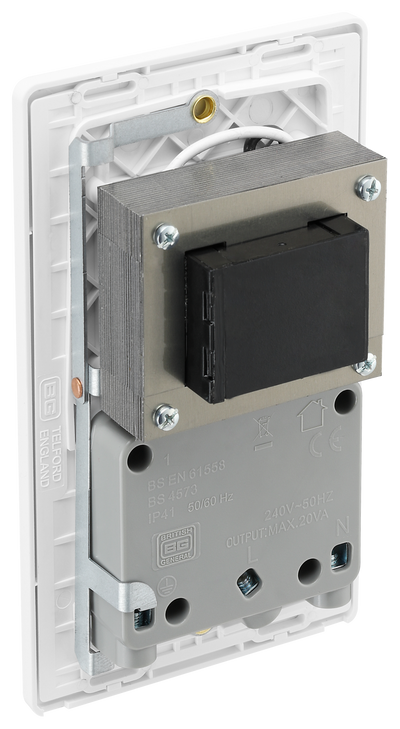 BG PCDBS20W Brushed Steel Evolve 115-240V Dual Voltage Shaver Socket - White Insert