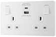 PCDCL22UAC30W Front - This Evolve pearlescent white 13A power socket from British General with integrated fast charge USB-A and USB-C ports delivers a 50% charge to mobile phones in just 30 minutes. 