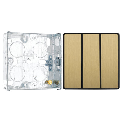 BG Evolve Satin Brass 2 Way Triple Edge to Edge Rocker Switch PCDSB43EB with 25mm Steel Back Box