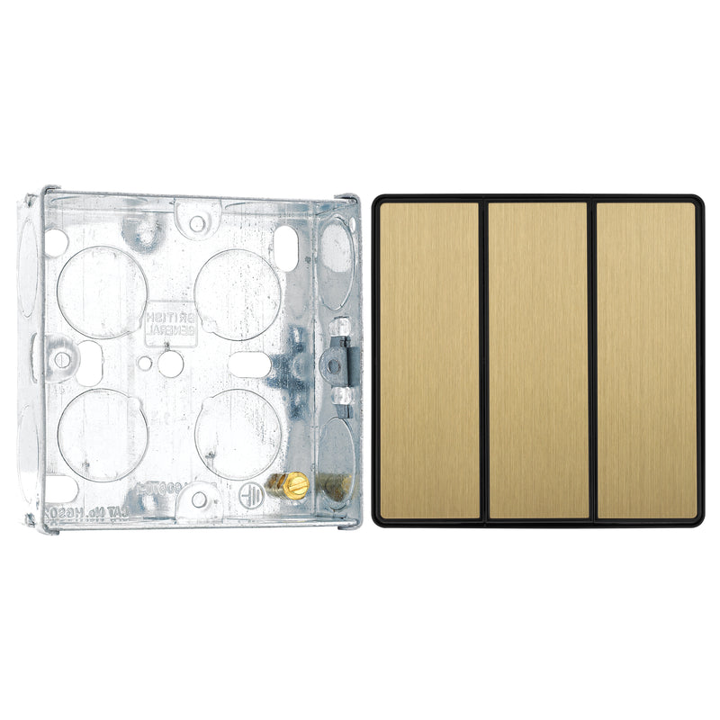 BG Evolve Satin Brass 2 Way Triple Edge to Edge Rocker Switch PCDSB43EB with 25mm Steel Back Box