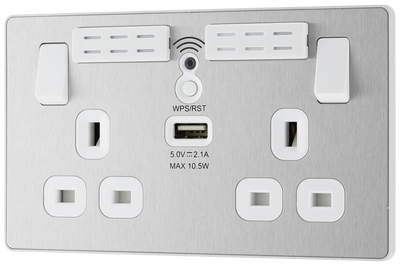 PCDBS22UWRW Front - This Evolve Brushed Steel 13A double power socket with integrated Wi-Fi Extender from British General will eliminate dead spots and expand your Wi-Fi coverage.