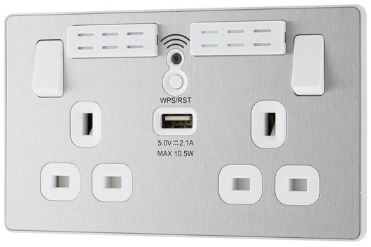PCDBS22UWRW Front - This Evolve Brushed Steel 13A double power socket with integrated Wi-Fi Extender from British General will eliminate dead spots and expand your Wi-Fi coverage.