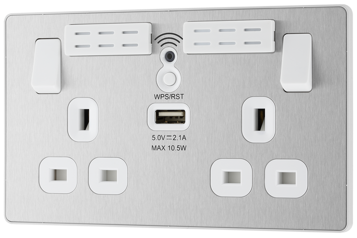 PCDBS22UWRW Front - This Evolve Brushed Steel 13A double power socket with integrated Wi-Fi Extender from British General will eliminate dead spots and expand your Wi-Fi coverage.