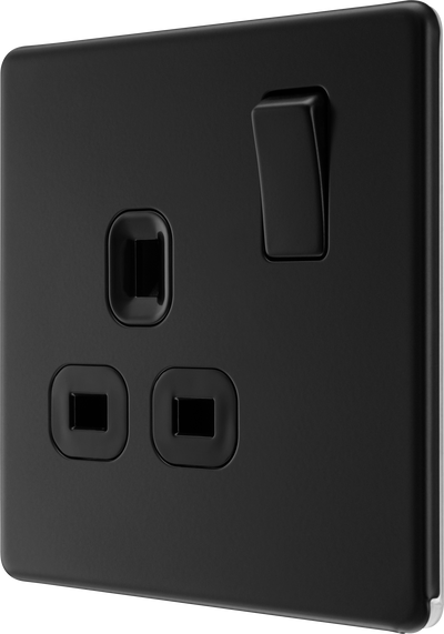 BG Nexus Flatplate Screwless Matt Black Single Socket FFB21B Black Insert 13 Amp