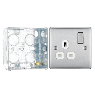 BG Nexus Metal Brushed Steel 13A Single Switched Socket NBS21W with 35mm Steel Back Box