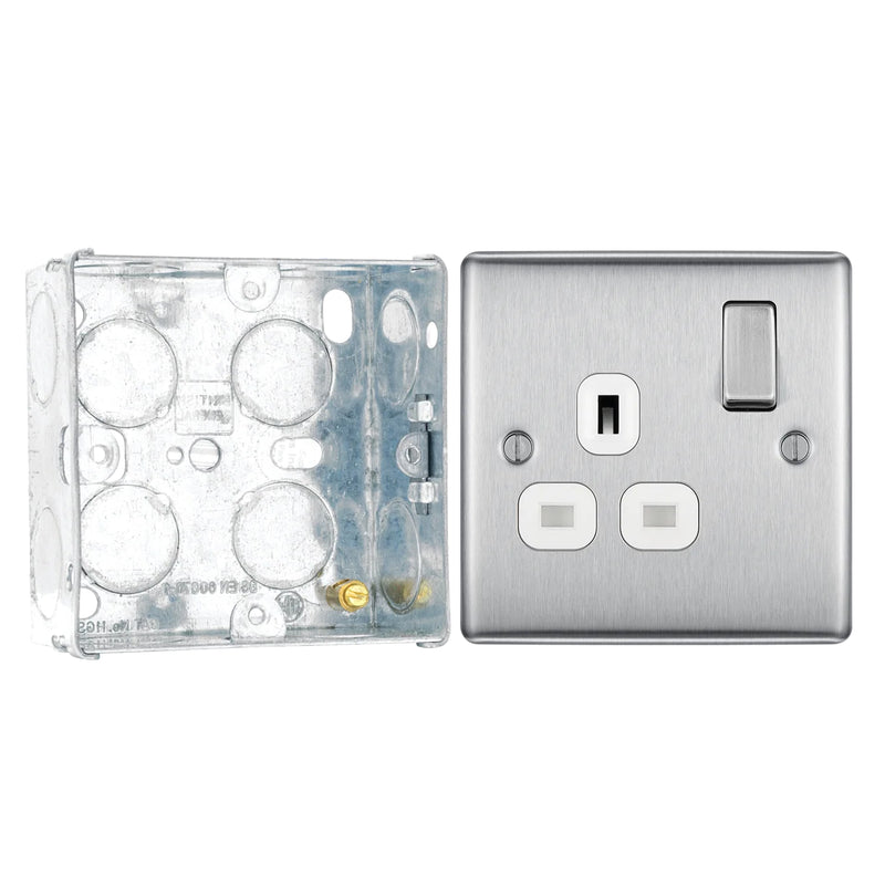 BG Nexus Metal Brushed Steel 13A Single Switched Socket NBS21W with 35mm Steel Back Box