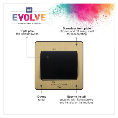 BG Evolve Satin Brass Fan Isolator Switch PCDSB15B with 35mm Steel Back Box