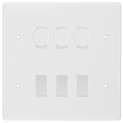 BG Nexus White Moulded 6 Gang Switch 3x Trailing Edge LED Dimmer 3x 2Way Custom Switch by British General (BG-Nexus-WM-6G-CUSTOM-3x-Dimmer-3x-2WAY)